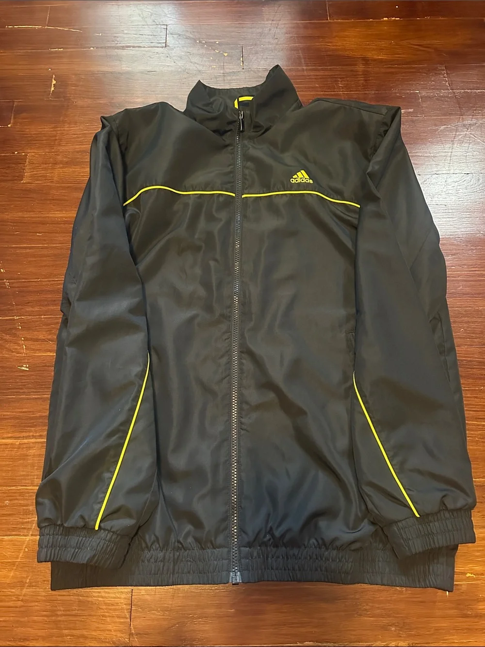 adidas Black Track Jacket and Pants with Yellow Trim, Men’s Medium